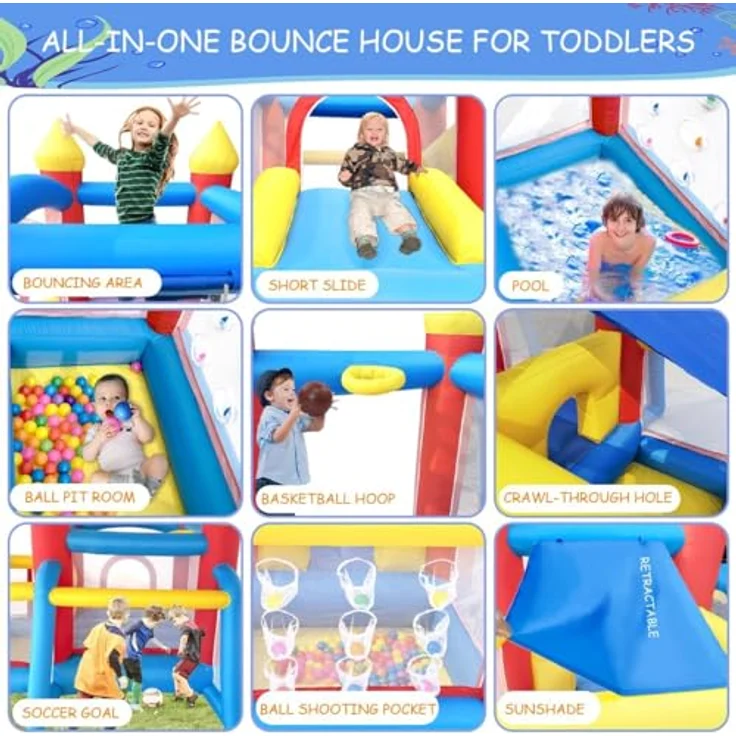 Ballsea Hüpfburg mit Gebläse für Kinder von 3 bis 8 Jahren, Indoor, 312×272×200 cm, mit Trampolin, Bällebad, Basketballkorb und Rutsche, 840D Oxford-Gewebe – Bild 3