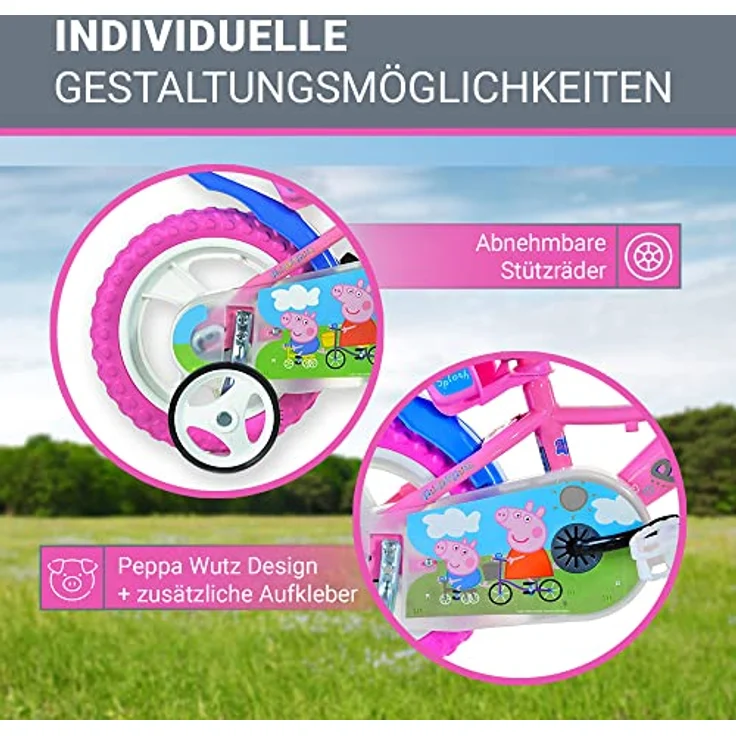 Dinobikes Kinderfahrrad Peppa Wutz Pig 12 Zoll - Mädchen Fahrrad mit abnehmbaren Stützrädern & Puppenträger - verstellbare Sattel- & Lenkerhöhe (Pink) – Bild 4