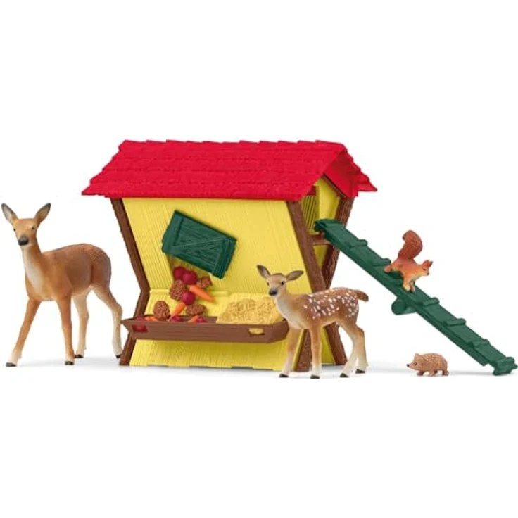 Schleich Fütterung der Waldtiere, Spielset mit Rotwild Kuh, Kalb und Futterkrippe, ca. 12 x 12,5 x 10 cm – Bild 4