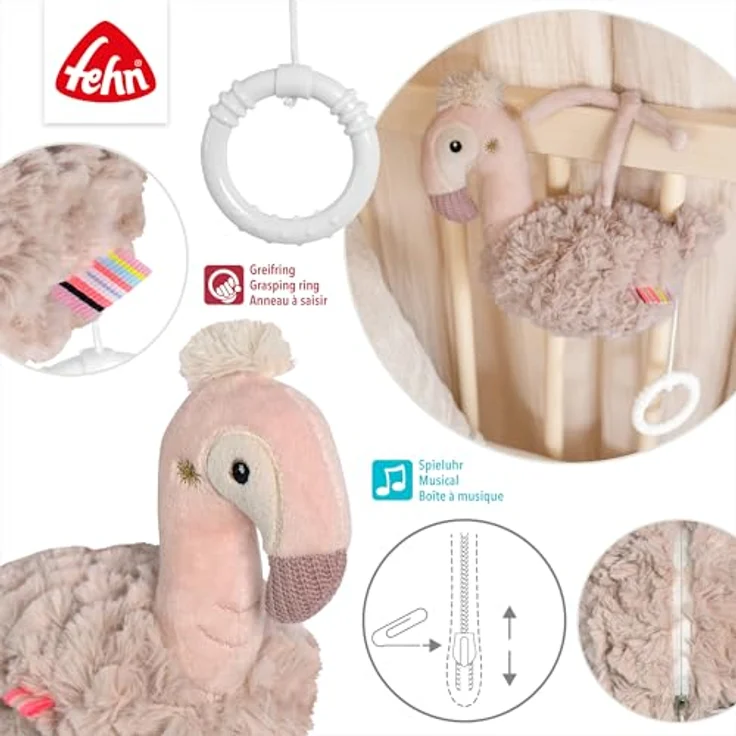 Fehn Spieluhr Flamingo, Kuscheltier & Einschlafhilfe mit Melodie "Weißt du wieviel Sternlein stehen", für Babys ab 0+ Monaten, maschinenwaschbar bei 30°C, Größe ca. 16 cm – Bild 4