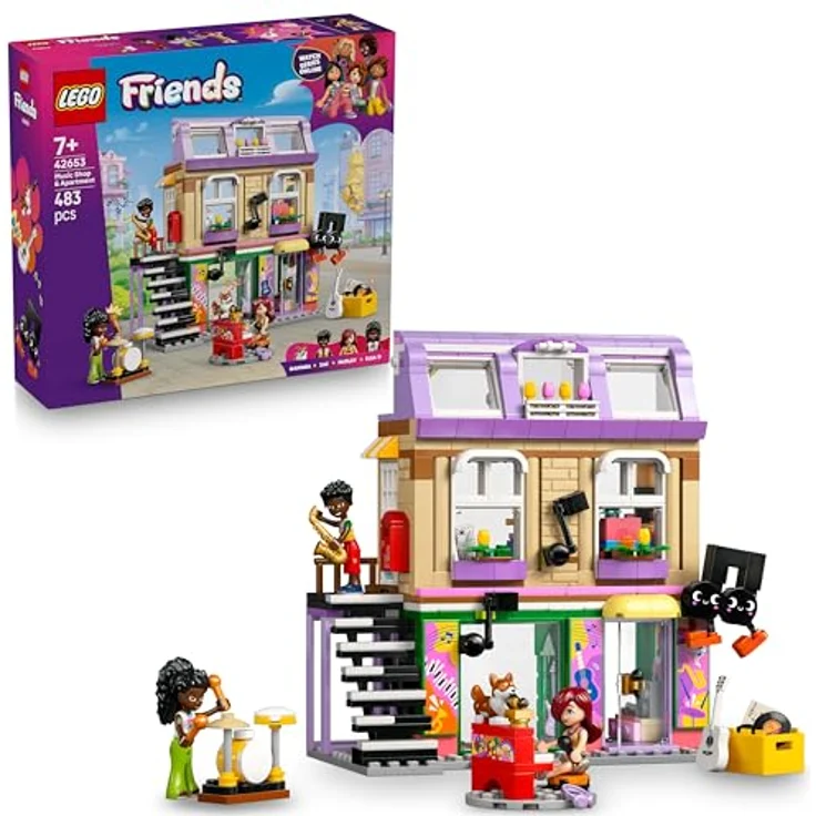 LEGO Friends 42653 Musikladen & Wohnung Bausatz, Mehrfarbig, mit 3 Minifiguren und reichhaltigem Musikzubehör, 483 Teile – Bild 1