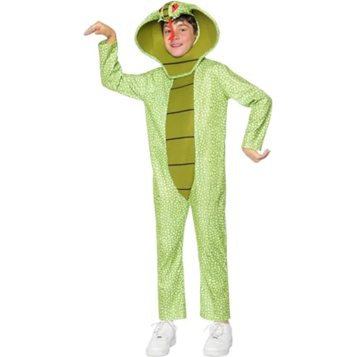 Funidelia Schlangen Kostüm für Jungen und Mädchen, Overall mit Mütze in Grün, Karneval und Halloween, Größe 7-9 Jahre