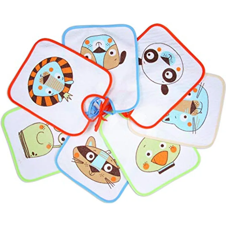 Ti TIN Packung mit 7 wasserdichten Babylätzchen, 23x27 cm | Lätzchen mit Bandverschluss für Babys von 6 bis 18 Monaten, 73% Baumwolle - 27% Polyester-Vinyl-Futter, Packung mit 7 verschiedenen Tieren