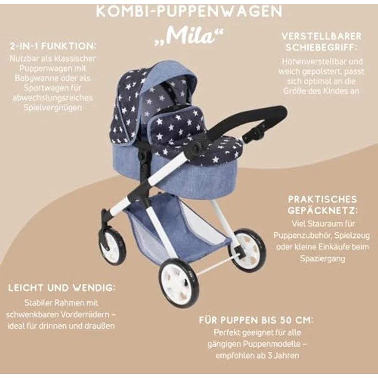 Bayer Chic 2000 Puppenwagen Mila, 2in1 Kombi-Puppenwagen, beidseitig steckbar, ergonomisch höhenverstellbarer Schiebegriff, Sternchen Navy – Bild 2