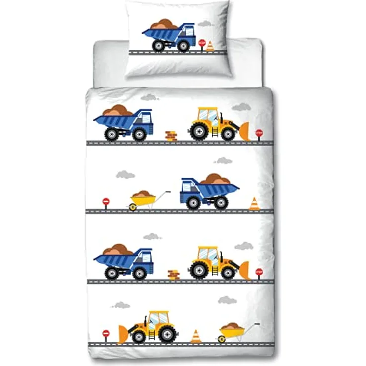 MTOnlinehandel TRAUMHELDEN Bagger Babybettwäsche 135x100 Flanell/Biber ☆ 1 Kissenbezug 40x60 + 1 Bettbezug 100x135 cm ☆ Baustelle Fahrzeuge ☆ Hochwertige Jungen-Bettwäsche mit Reißverschluss
