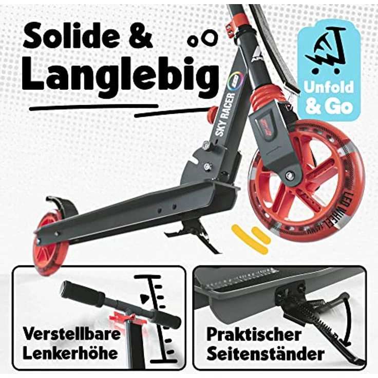 Apollo Scooter LED - Skyracer Led | City Scooter mit Federung | klappbar | Ab 5 Jahren | Cityroller verstellbar - grau/orange – Bild 2