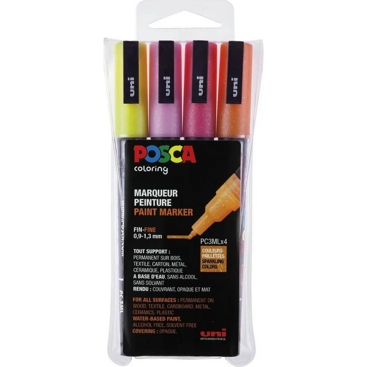 uni-ball Lackmarker uni-ball POSCA PC-3M Marker - 4er Set Glitter, (4-tlg) - Glitzernde Farbauswahl in Gelb, Rosa, Rot und Orange – Bild 1