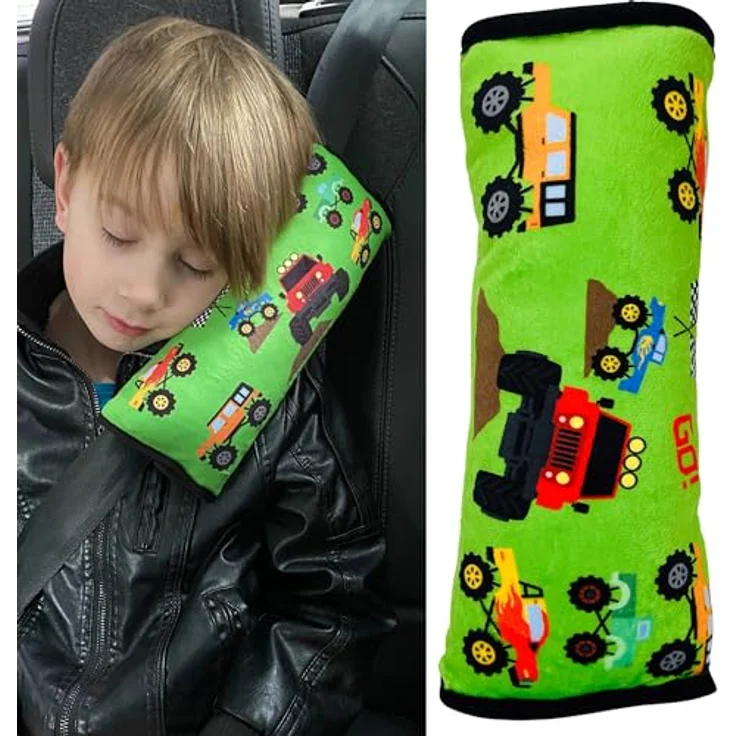 HECKBO Auto Schlafkissen für Kinder, Monster Truck Design, maschinenwaschbar, kuschelweich, Gurtpolster, Reisekissen, vielseitig einsetzbar – Bild 1