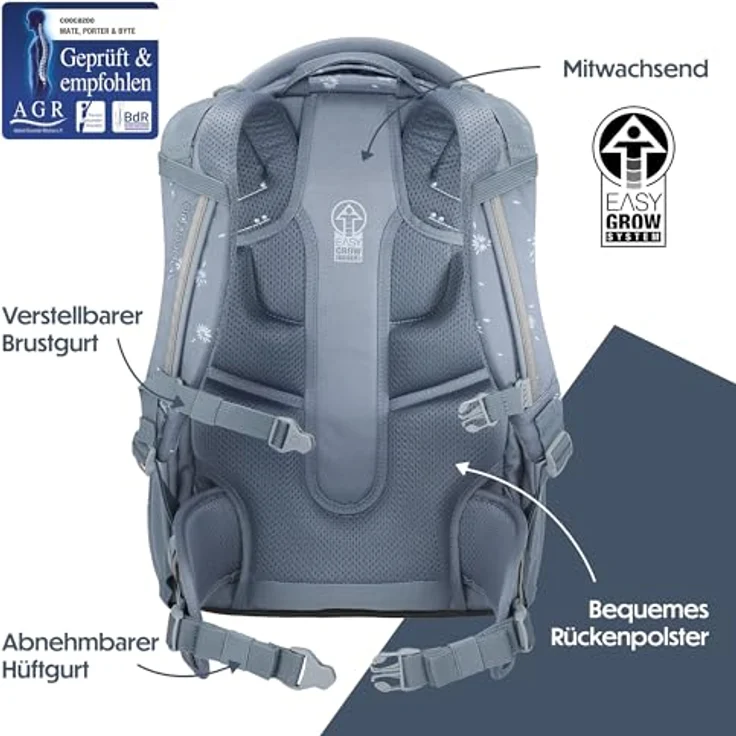 Coocazoo PORTER Schulrucksack „Bloomy Daisy”, hellgrau, ergonomischer Tornister, höhenverstellbar, mit Brust- und Hüftgurt, für die 3. Klasse, 5 Fächer, nachhaltige Materialien – Bild 4