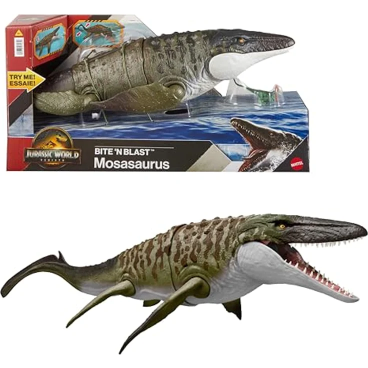 Mattel Jurassic World: Bite N Blast Mosasaurus Actionfigur mit Bissfunktion, 65 cm, inkl. Mini-Dilophosaurus-Figur – Bild 1