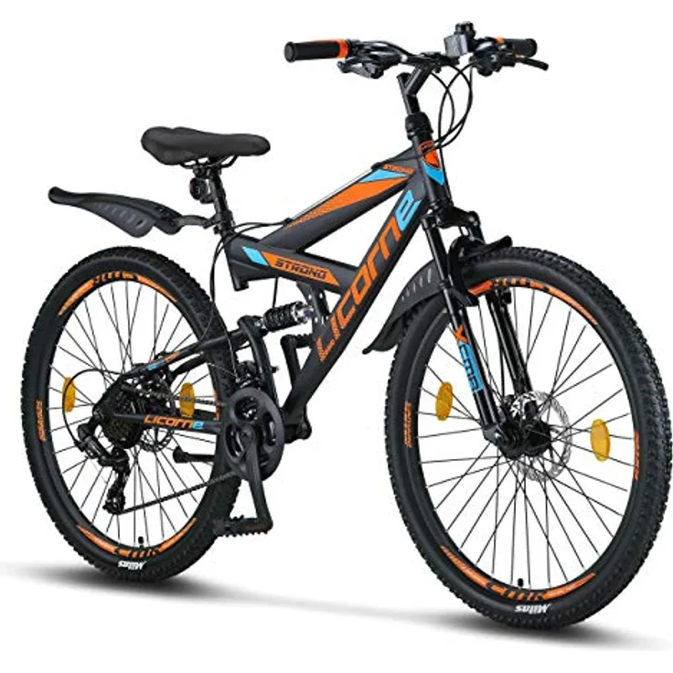 Licorne Bike Strong D Premium Mountainbike in 26 Zoll - Fahrrad für Jungen, Mädchen, Damen und Herren - Scheibenbremse vorne und hinten-Shimano 21 Gang-Schaltung-Vollfederung