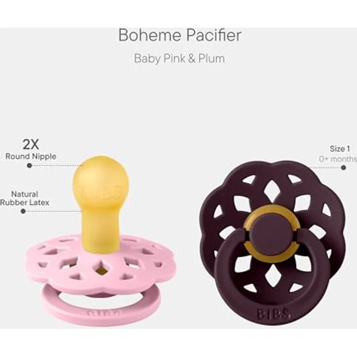 BIBS Boheme Schnuller, 0-6 Monate, 2er-Pack, Baby Pink/Plum, aus Naturkautschuklatex, EN1400+A2-zertifiziert, BPA-frei – Bild 2
