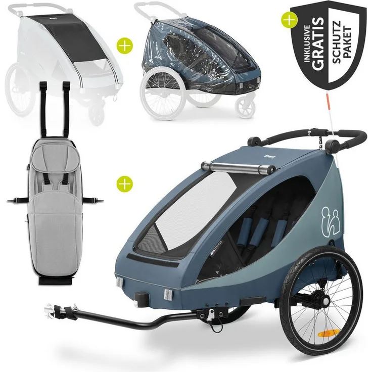 Hauck Dryk Duo Plus, Fahrradkinderanhänger Buggy für 2 Kinder mit Babysitz Lounger, 8-fach höhenverstellbarem Schiebegriff, dunkelblau