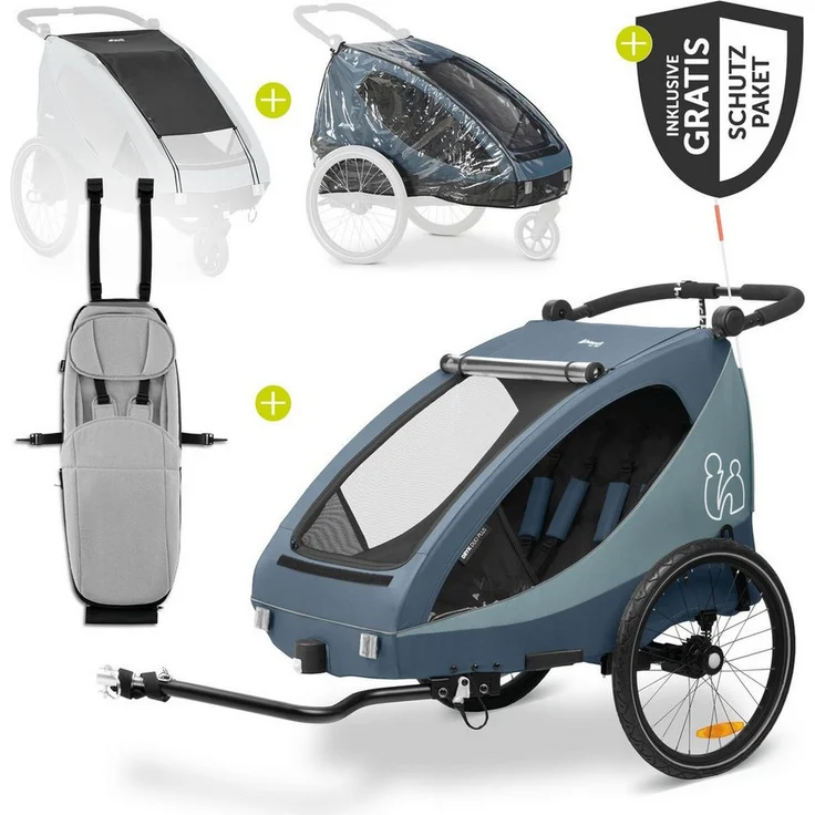 Hauck Dryk Duo Plus, Fahrradkinderanhänger Buggy für 2 Kinder mit Babysitz Lounger, 8-fach höhenverstellbarem Schiebegriff, dunkelblau