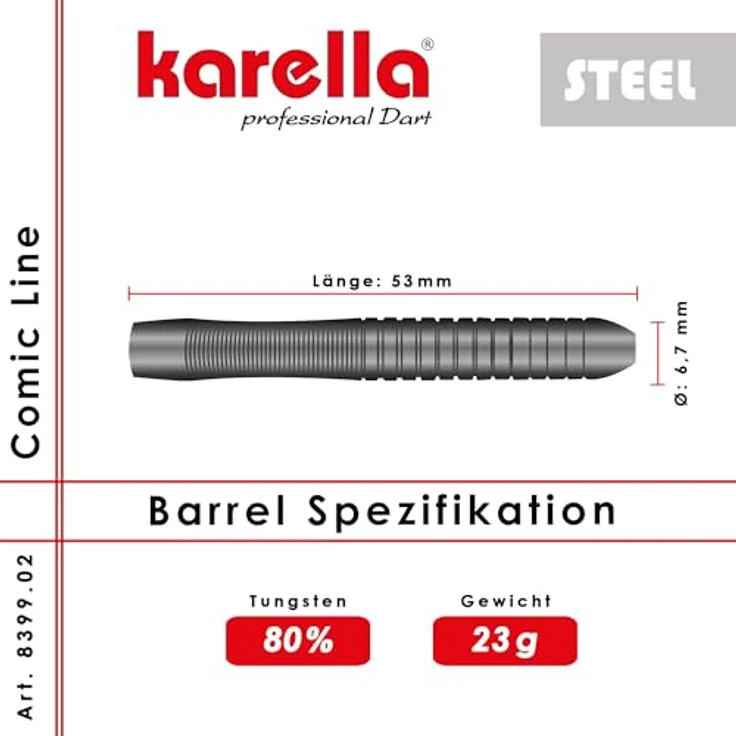 Karella Darts Comic-Line, Profi Steeldarts 80% Tungsten, 5 Modelle, 21-24 g, formstabile Polycarbon Schäfte, 100 Mic. Flights, inkl. Ersatzschäfte und PVC-Box (CL-2 23 g, 53 mm) – Bild 4