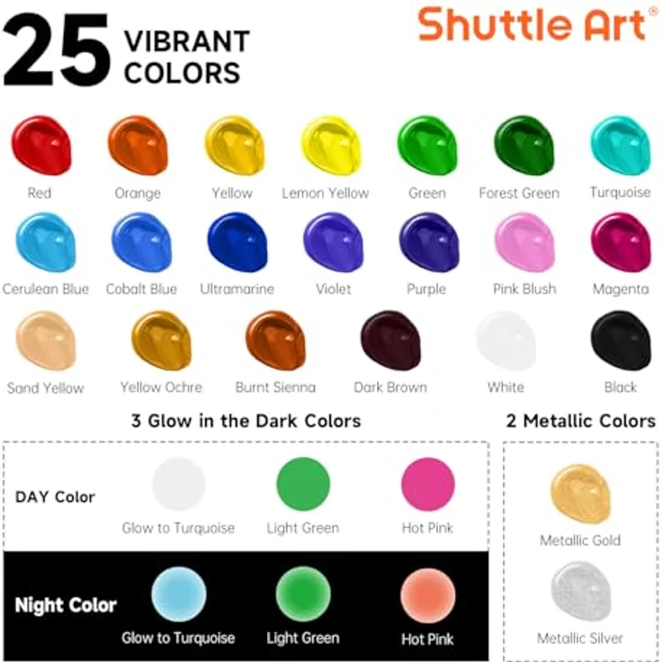 Shuttle Art Outdoor Acrylfarben Set, 25 wasserfeste Acrylfarben in 60ml Flaschen, inklusive 3 nachtleuchtenden und 2 Metallicfarben, für Stein, Leinwand und Holz – Bild 3