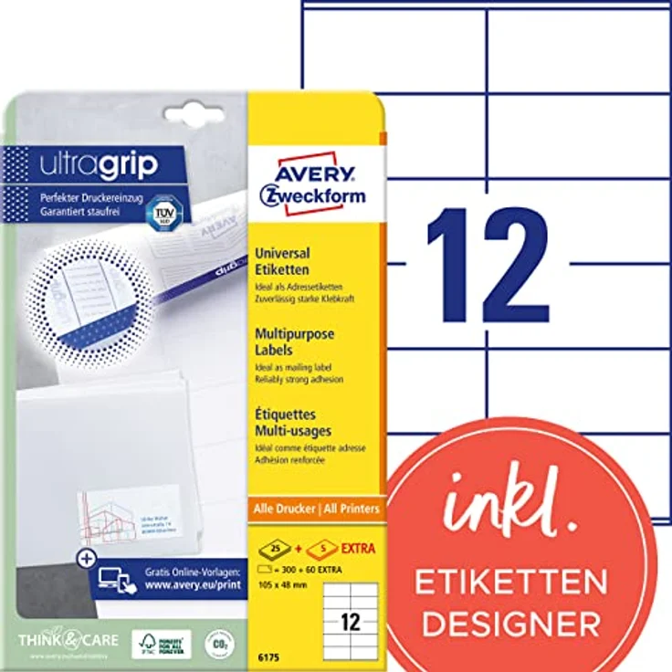 AVERY Zweckform 6175 Adressaufkleber, 360 Etiketten, 105x48mm, selbstklebend mit ultragrip, weiß – Bild 1