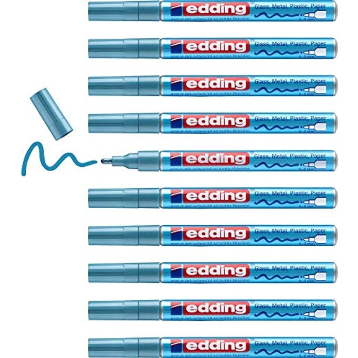 edding 751 Glanzlackmarker, hellblau-metallic, 10 Stück, Rundspitze 1-2 mm, wasserfest und stark deckend für Glas, Stein, Holz, Kunststoff und Papier – Bild 1