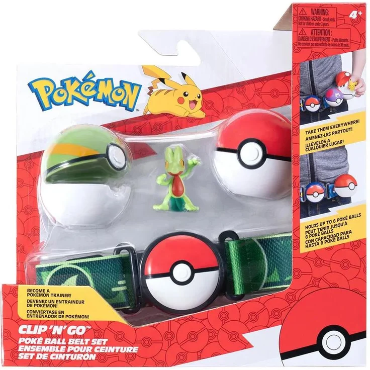 Nintendo Clip N Go Pokémon Treecko Figur, Sammelfigur mit verstellbarem Gürtel und 2 Pokébällen, mehrfarbig