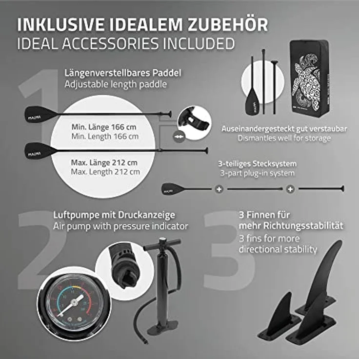 ECD Germany Aufblasbares Stand Up Paddle Board Maona, 308 x 78 x 10 cm, grau, PVC, bis 120 kg, inkl. Pumpe, Tragetasche, Zubehörset, SUP Board für Einsteiger und Fortgeschrittene – Bild 4