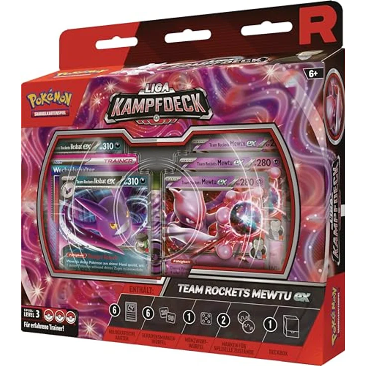 Pokémon PKM Liga-Kampfdeck Rockets Mewtu, spielbares Deck mit 60 Karten, inkl. Team Rockets Mewtu-ex und Iksbat-ex, Schadensmarken-Würfel und Strategieanleitung – Bild 3