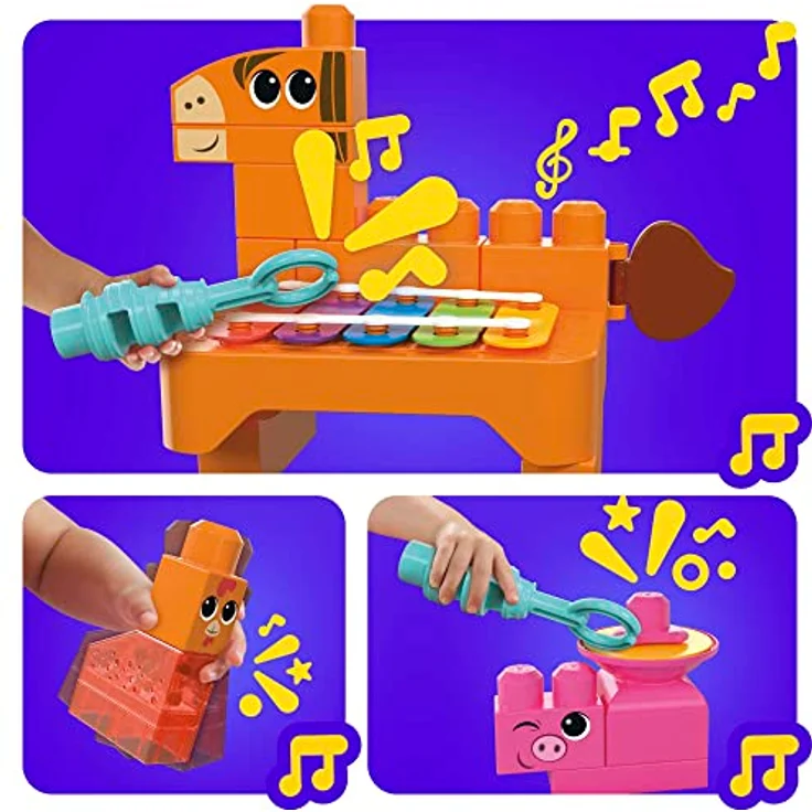 MEGA BLOCKS Fisher-Price sensorisches Bauspielzeugset, Musikspaß Bauernhoftiere mit 45 Bauklötzen für Kleinkinder und 6 Notenblättern, Geschenkideen für Kinder ab 1 Jahr, HPB46 – Bild 5