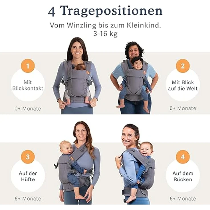 Beco Gemini Babytrage Neugeborene ab Geburt bis Kleinkind - 4 Tragepositionen Baby Trage aus 100 % Baumwolle - Babytrage ab Geburt, Ergonomischer Baby Carrier mit verstellbarem Sitz, 3,2-16 kg (Grau) – Bild 3