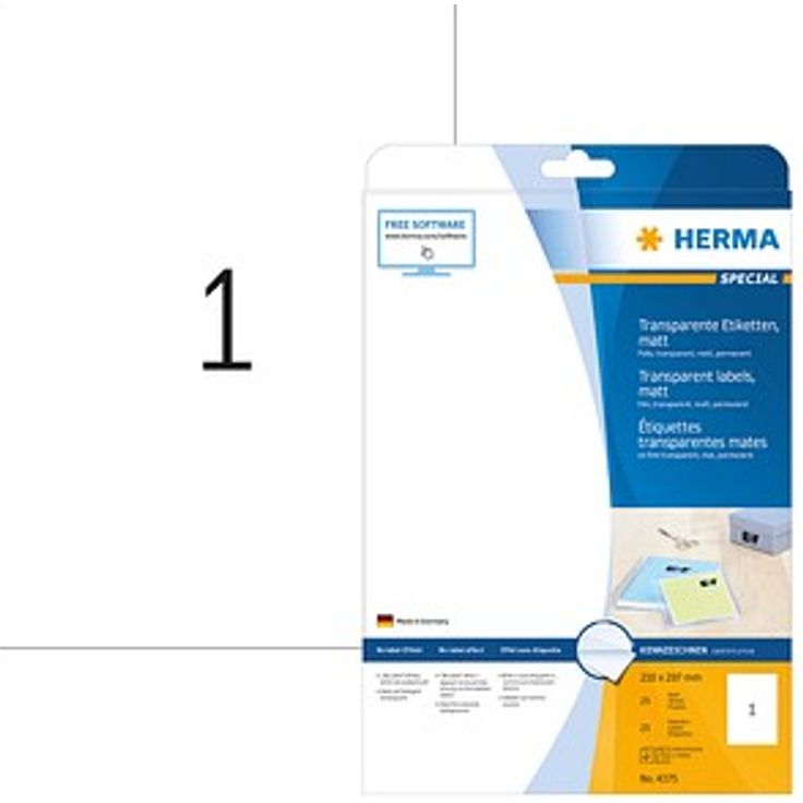 HERMA 25 Folienetiketten 4375 transparent, Rechteckig, 210 x 297 mm, selbstklebend, bedruckbar, reißfest, wasserabwaschbar