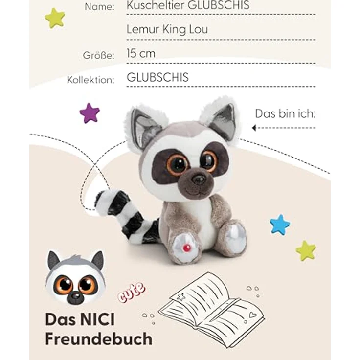 NICI GLUBSCHIS Lemur King Lou 15cm, weißes Kuscheltier aus weichem Plüsch mit Glitzeraugen, für Kinder & Erwachsene, tolle Geschenkidee - 61776 – Bild 5