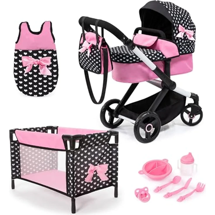 Bayer Design 17060AB Puppenwagen Xeo, Verstellbarer Griff, Schwenkschieber, Jogger, Schlafsack, Zubehör, Schwarz, Rosa – Bild 1