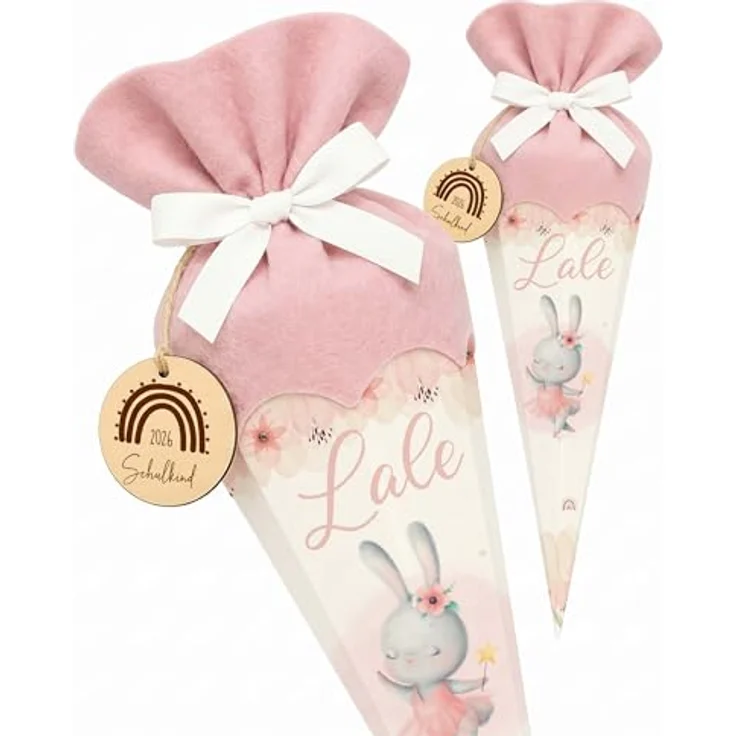 Kidsmood personalisierte Schultüte, inkl. Rohling, Filz-Stoff & Holzschild, Zuckertüte für Einschulung 2026 - Ballett Hase (Rosa) – Bild 1