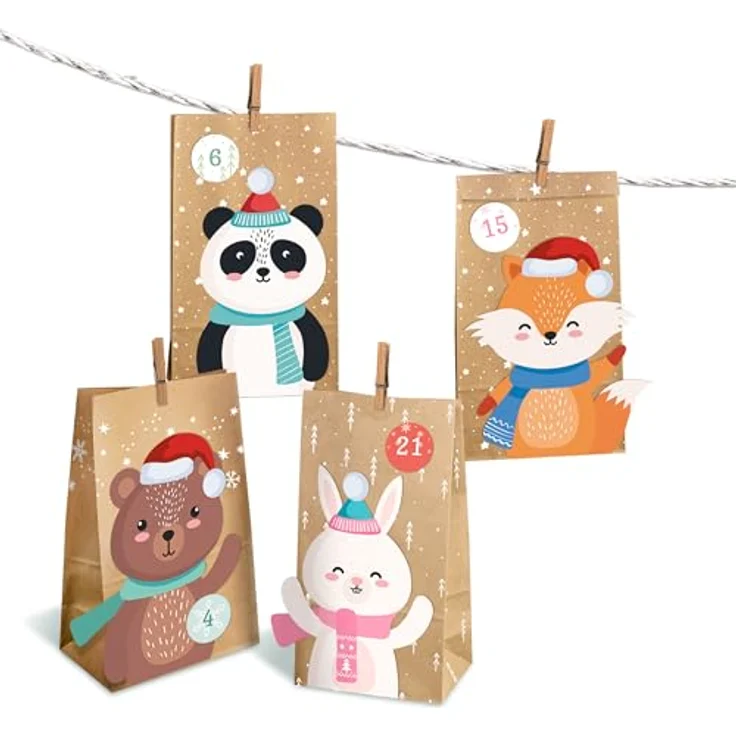 Ursus Adventskalender „Winter Friends“, DIY Set mit 24 Kraftpapier Tüten, Stickern und Holzklammern, FSC-zertifiziert – Bild 2