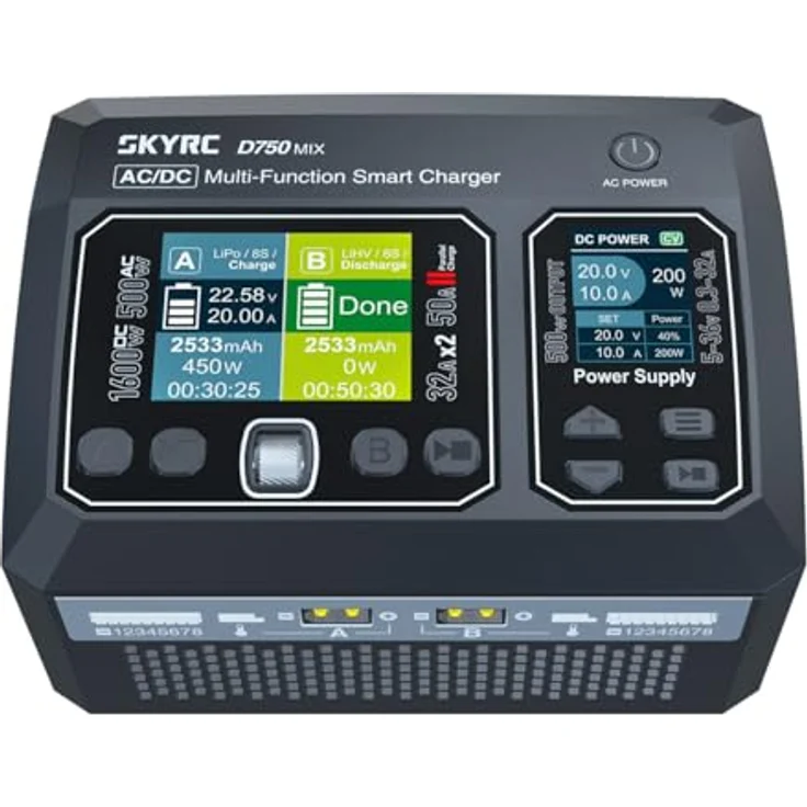 SkyRC D750 Mix, LiPo/Life/Li-ion/LiHV Ladegerät, 1-8S, 32A, 500W AC/1600W DC, USB-C PD 3.0, 180x136x112mm, 1626g – Bild 2