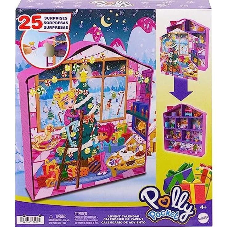 POLLY POCKET Adventskalender-Haus - 25 Überraschungen, 2 Puppen, 27 Zubehörteile, Lebkuchenhaus-Design, Weihnachtsbaum, Skier, für Kinder ab 4 Jahren, HKW16
