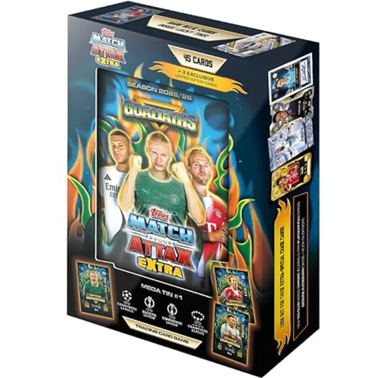 Topps Match Attax Champions League 2025/26 EXTRA, 1 Mega Tin Box mit 48 Sammelkarten und 3 LIMITED EDITION Karten, zufällige Auswahl
