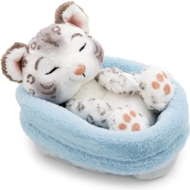 NICI Kuscheltier Schneeleopard 12cm schlafend im Körbchen, weiß - weiches Plüschstofftier zum Kuscheln und Spielen, ideal als Geschenk für Kinder und Erwachsene, Modell 62871 – Bild 1