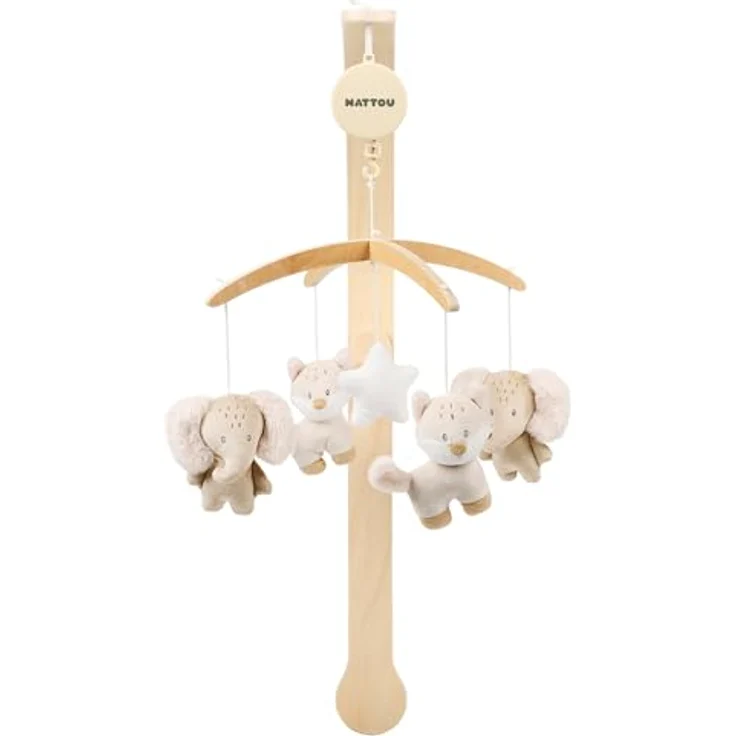 Nattou Mobile mit Spieluhr, Fuchs und Elefant, sanftes Wiegelied "La-Le-Lu", 50 cm, Flo Beige, Holz und Polyester, pflegeleicht, vegan und tierversuchsfrei – Bild 1
