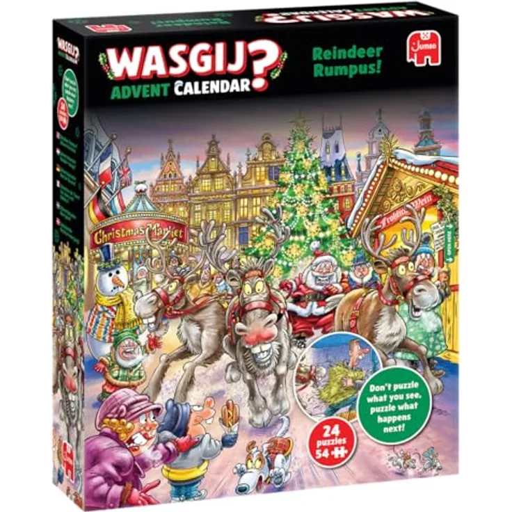 Wasgij Weihnachtspuzzle Adventskalender 2025, Rentier Raserei - 24 Tage Puzzleset mit 54 Teilen aus 100% recyceltem Karton für Erwachsene