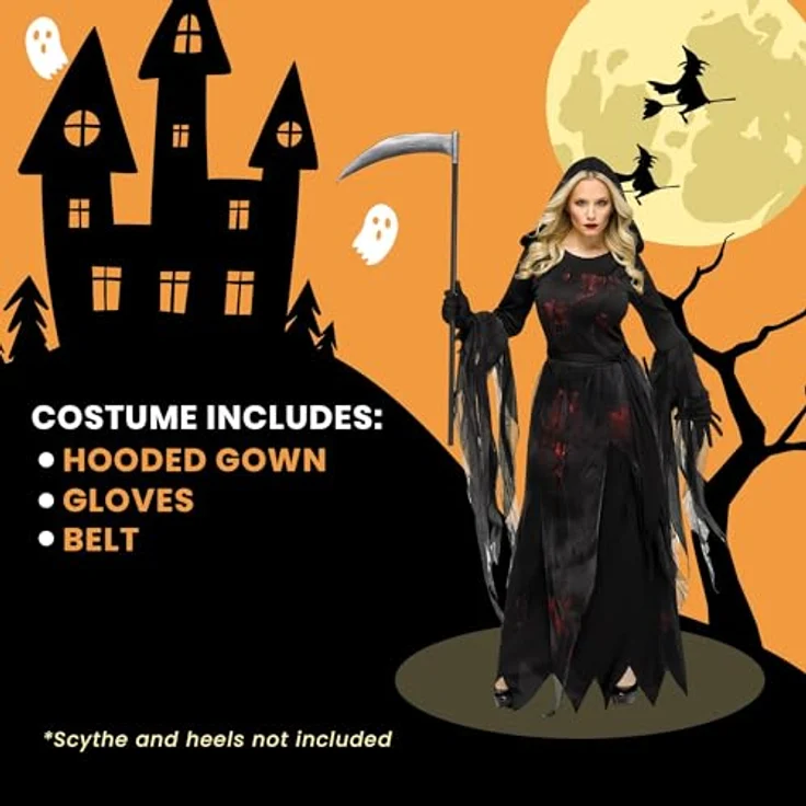 Fun World Division Sensenfrau Kostüm, bodenlanges Kleid mit Kapuze und Blutflecken, Schwarz, Größen M und L – Bild 4