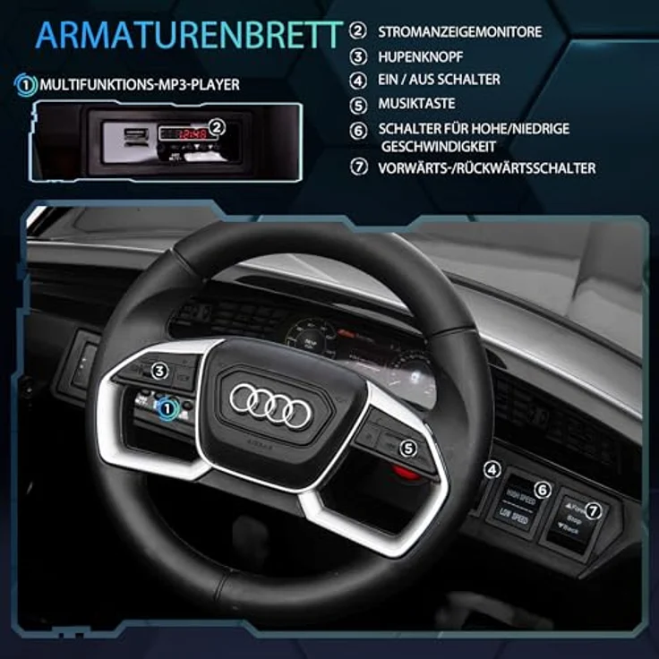 HOMCOM Elektro Kinderauto 12V Elektrofahrzeug Audi E-tron Elektroauto mit Fernbedienung, Sicherheitsgurt, Musik (MP3/USB/TF), Kinderfahrzeug für Kinder 3-5 Jahre, 3-5 km/h, Schwarz – Bild 4