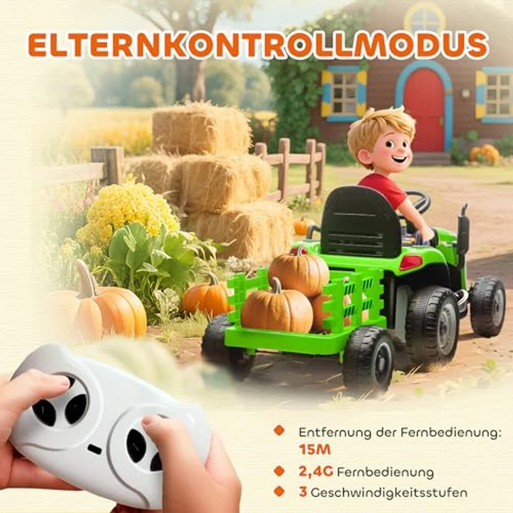 AIYAPLAY Elektrischer Kindertraktor mit Anhänger, Aufsitztraktor mit Fernbedienung, 2 Motoren, 3-Gang, für 3-8 Jahre, Grün – Bild 5