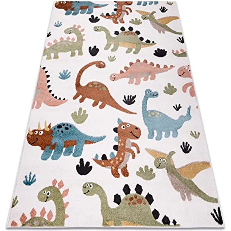 rugsx Fun Dino Kinderteppich, Dinosaurier-Muster in Creme, 140x190 cm, 100 % Polypropylen, pflegeleicht, für Fußbodenheizung geeignet – Bild 1
