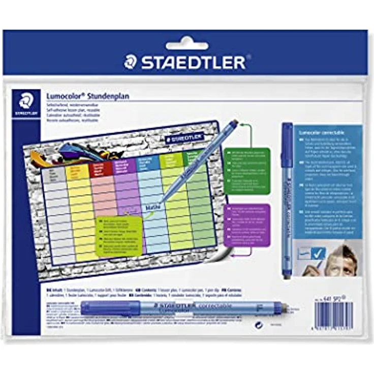 STAEDTLER Stundenplan Lumocolor, selbsthaftend und wiederverwendbar, trocken abwischbar, inklusive Lumocolor correctable und Stiftklemme, 641 SP2 – Bild 2