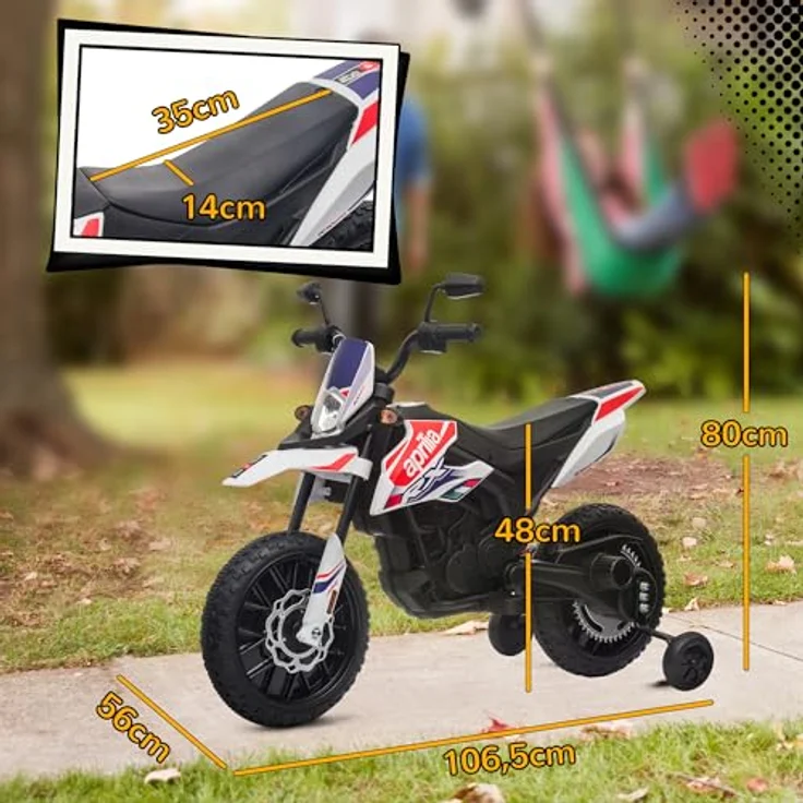 AIYAPLAY Kinder Elektro-Motorrad, 12V Aprilia Kindermotorrad mit Musik, 6 km/h, abnehmbare Trainingsräder, 12 Zoll Kunststoffreifen, max. 30 kg, Weiß – Bild 5