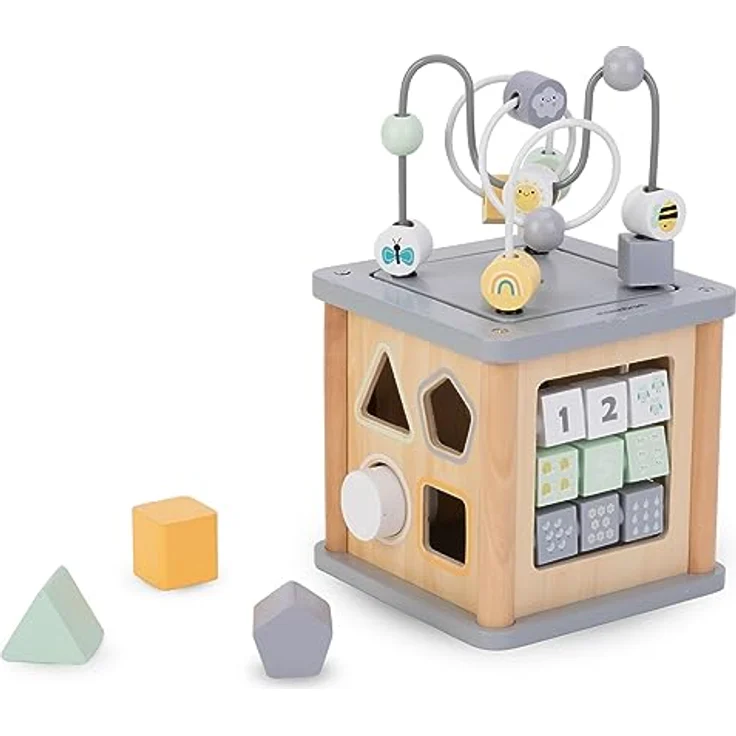 mamabrum Motorikwürfel, Pädagogisches Holz-Spielzeug für Kinder ab 18 Monaten, mit Formen, Farben & Zahnrädern, 5 Spielflächen zur Förderung der Feinmotorik und Hand-Augen-Koordination, 15 x 15 x 15 cm – Bild 2