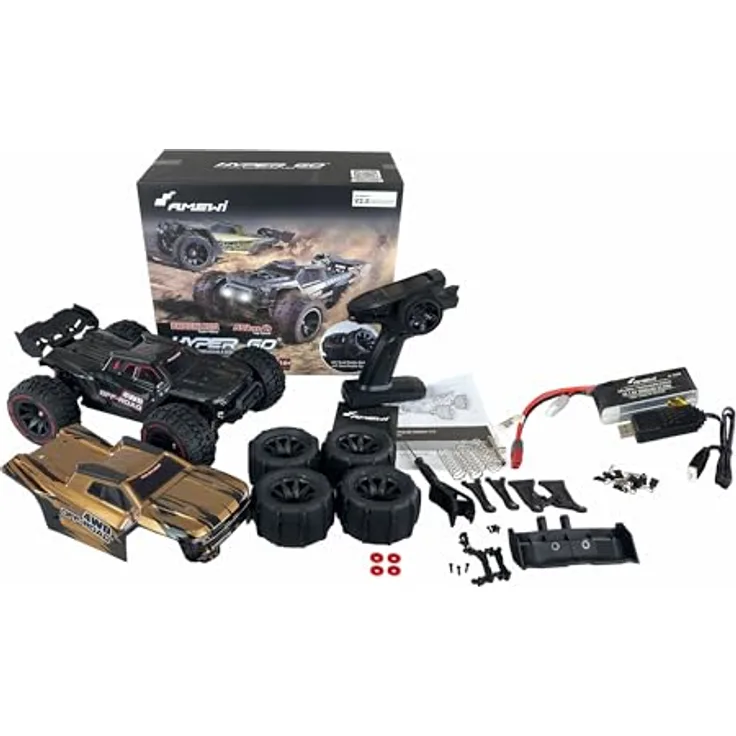 Amewi 22659 Hyper GO Truggy brushless 4WD 1:14 RTR schwarz inkl. inkl. Wheelie-Bar, Ersatzteile, Goldfarbene Karosserie