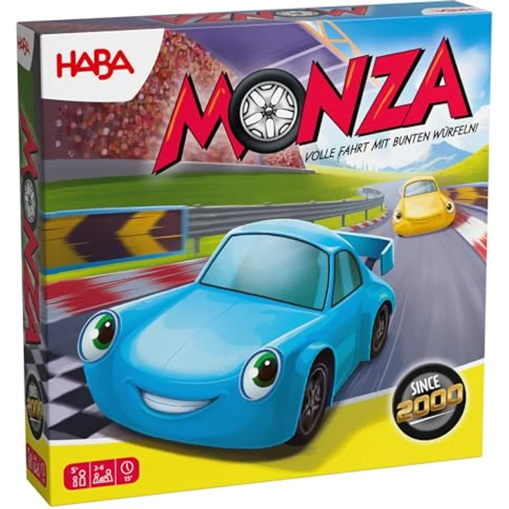 HABA Monza, Rasantes Brettspiel und Auto-Rennspiel für Kinder ab 5 Jahren, mit 6 bunten Holzautos und Farbwürfeln – Bild 1