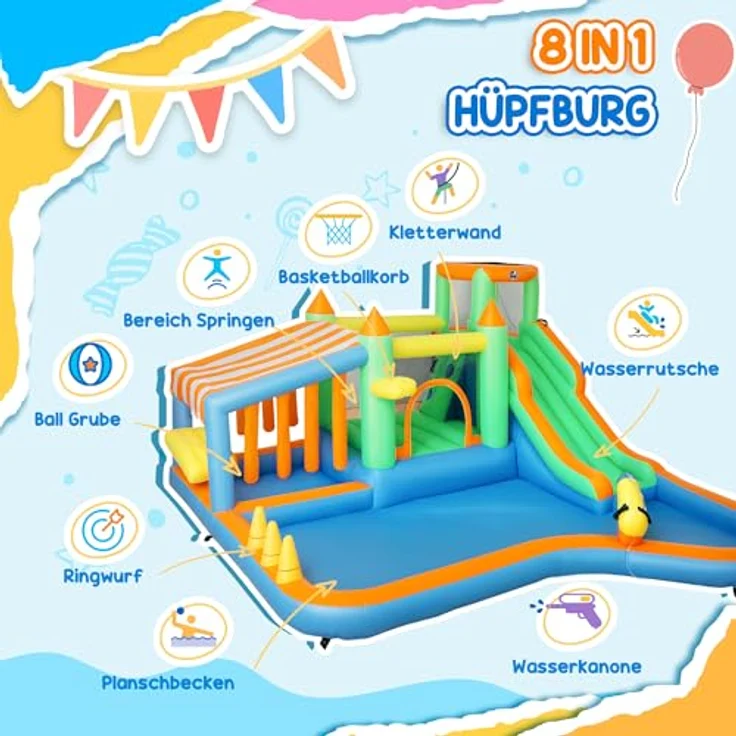 AIYAPLAY Hüpfburg mit Wasserrutsche, Planschbecken, Basketballkorb und Kletterwand, schnell aufblasbar, bunt, 416 x 370 x 195 cm, für drinnen und draußen – Bild 2