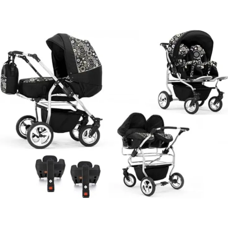 Elcar Zwillingskinderwagen 5 in 1 Duo inkl. Autositze und Iso Bases - 14 Teile - 20 Farben, mit variabler Montage und federnder Luftbereifung