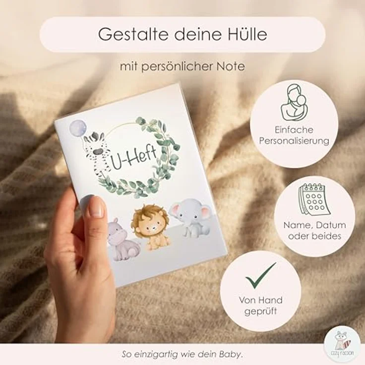 Cozy Racoon U-Heft- und Impfpasshülle ohne Personalisierung| 3- teiliges Set |Hochwertige Hülle für Untersuchungsheft und Impfpass Deines Kindes | Süße Tiere – Bild 5